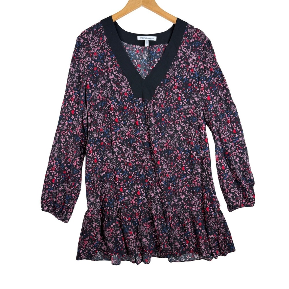 BCBGeneration Deep V-neck Floral Print Long Sleeve Dress size Large Black/Red